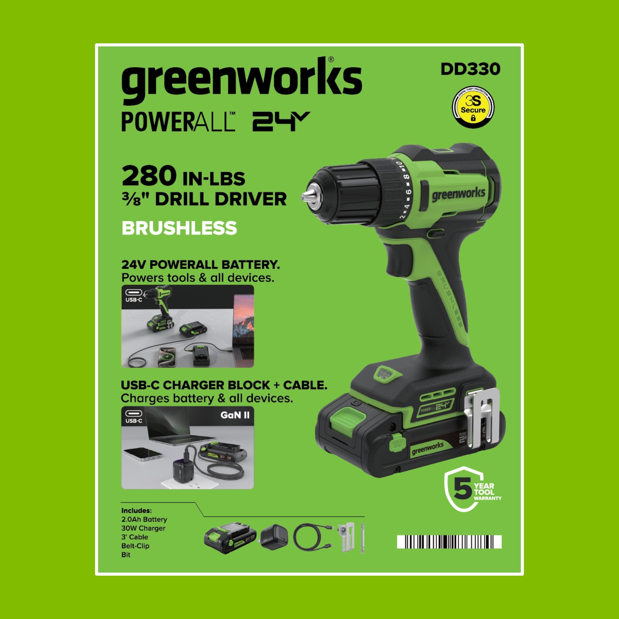 24V Cordless 280 in-lbs Drill/Driver Power Tool 3PC Combo Kit w/ 6-1/2" Circular Saw & 3000SPM Jig Saw: (1) 2.0Ah USB-C Battery & Charger, (1) 3' 100W USB-C Cable