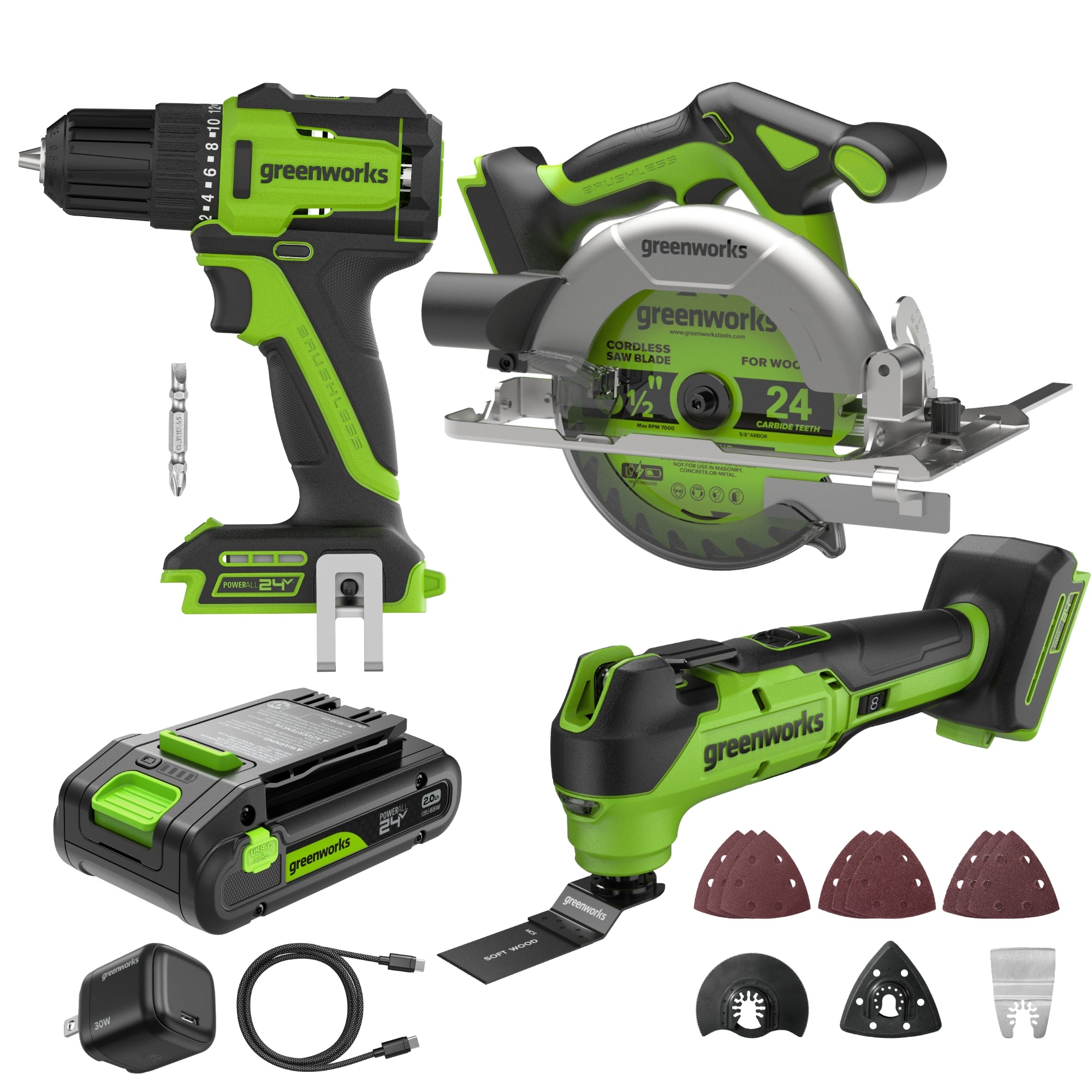 24V Cordless 280 in-lbs Drill/Driver Power Tool 3PC Combo Kit w/ 6-1/2" Circular Saw & Oscillating Multi-Tool: (1) 2.0Ah USB-C Battery, (1) 30W USB-C Charger, (1) 3' 100W USB-C Cable
