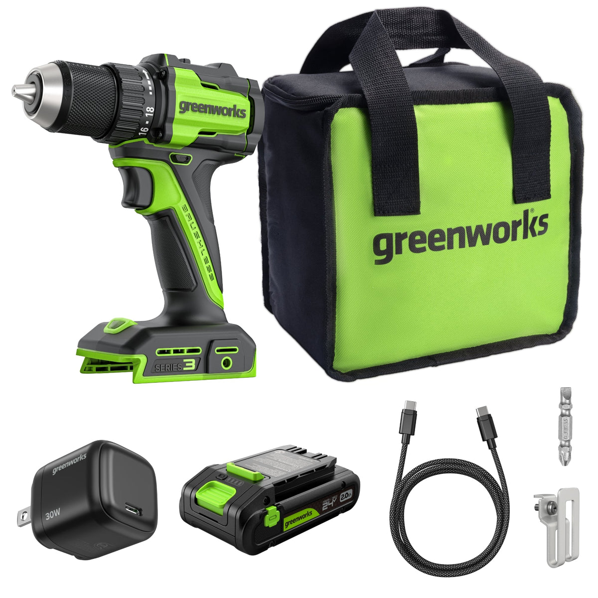 24V Cordless Battery 1/2" 400 in/lbs Drill Driver: 2.0 Ah USB-C Battery and 30W USB-C Fast Charger