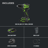 24V PowerAll Pro 1/2" 530 in-lb Drill Driver, with 2.0Ah USB-C Battery, 30W Charger Block, 3' 100W Cable and 10-PCS Drill Bit Set
