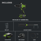 24V PowerAll Pro 850 in-lb 1/2" Hammer Drill, with 2.0 Ah USB-C Battery, 30W Charger, Belt Clip, and Auxiliary Handle