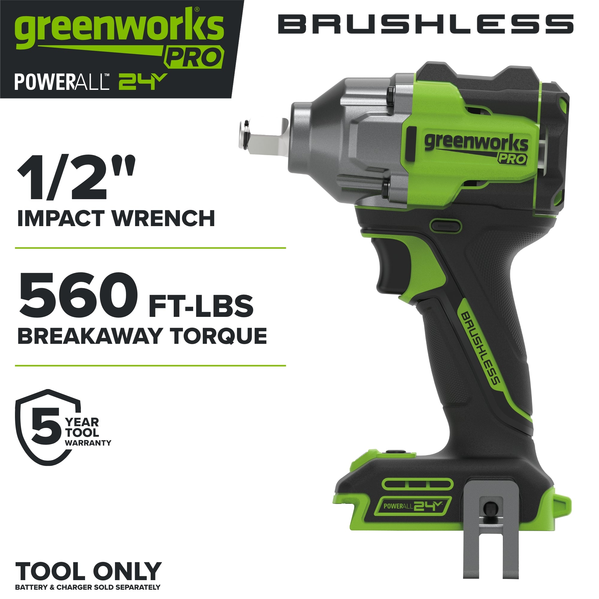24V PowerAll Pro 560 ft-lb Breakaway Torque 1/2" Impact Wrench, Tool Only