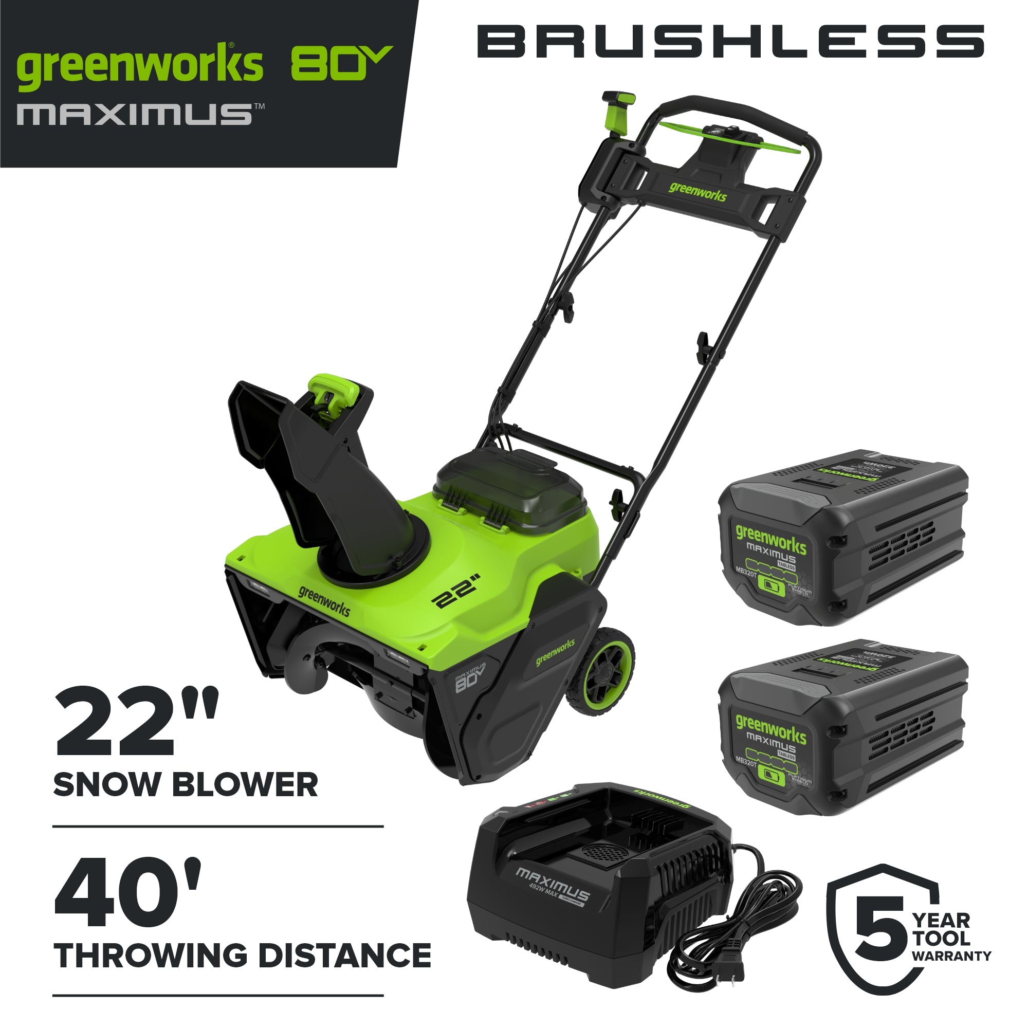 80V 22" Maximus Brushless Single-Stage Auger-Propelled Snow Blower: (2) 4.0 Ah Batteries, (1) 6A Single-Port Fast Charger