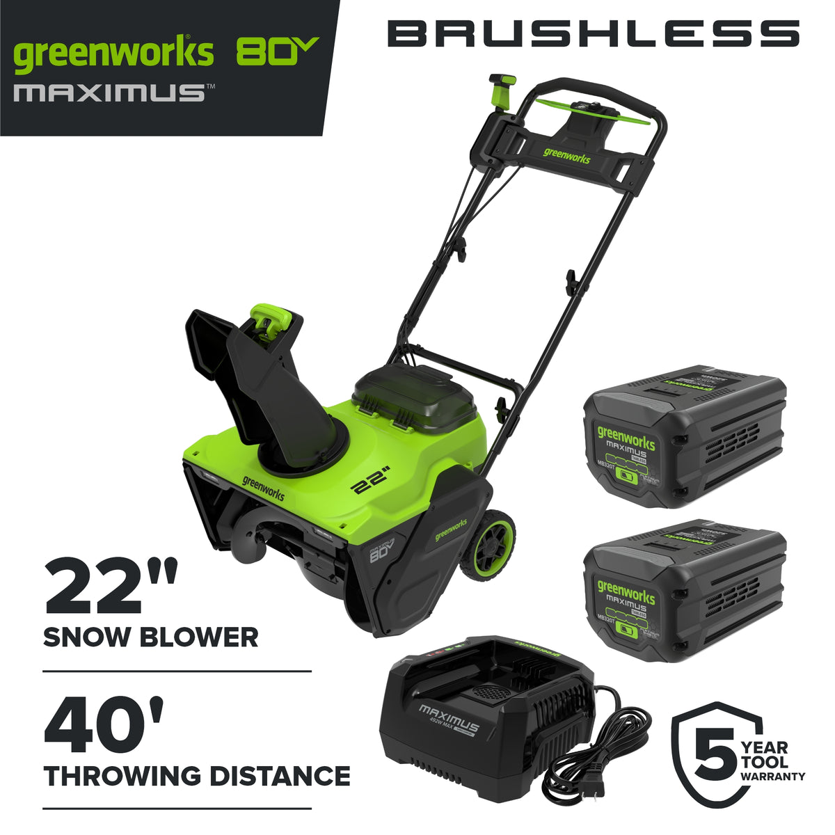 80V 22" Maximus Brushless Single-Stage Auger-Propelled Snow Blower: (2) 4.0 Ah Batteries, (1) 6A Single-Port Fast Charger