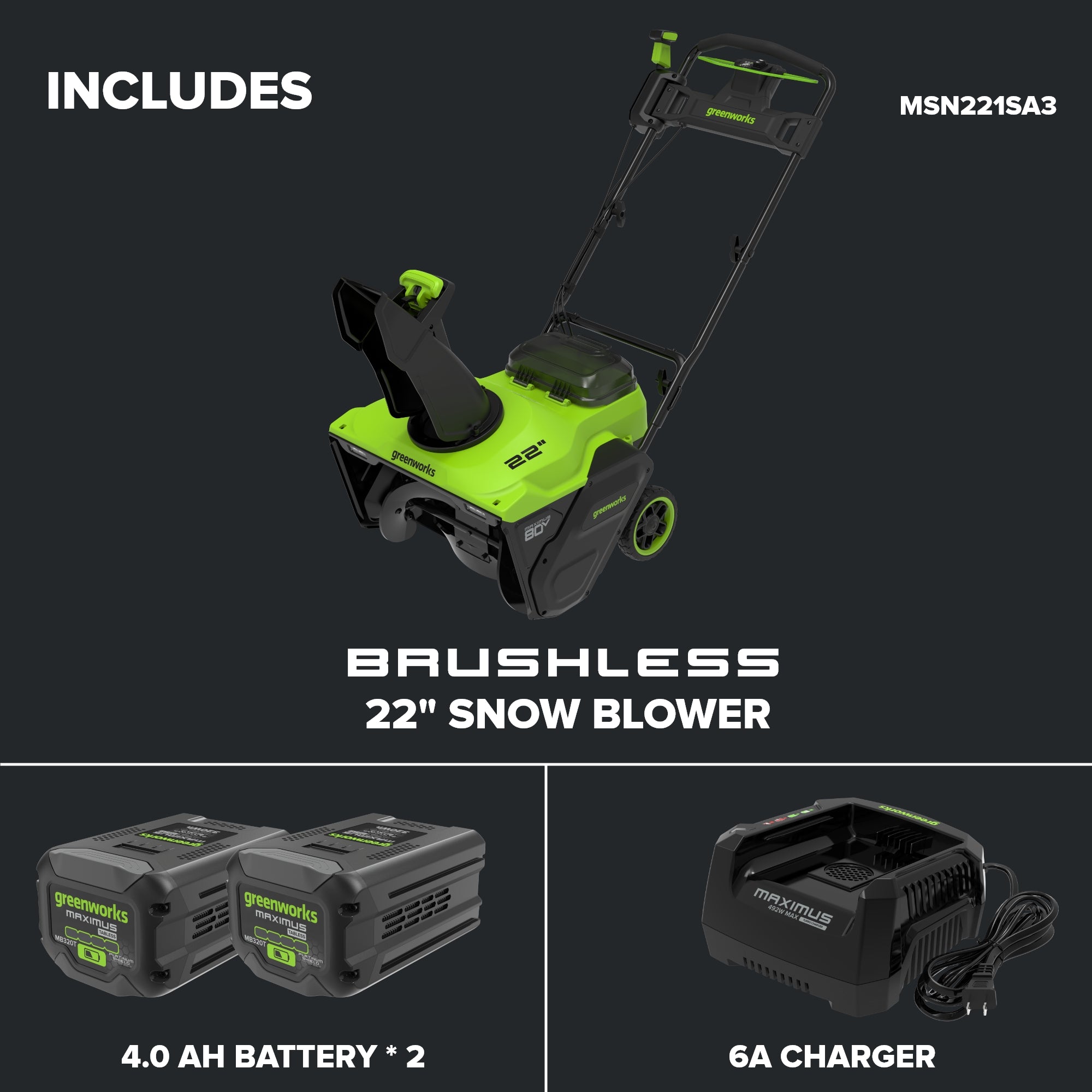 80V 22" Maximus Brushless Single-Stage Auger-Propelled Snow Blower: (2) 4.0 Ah Batteries, (1) 6A Single-Port Fast Charger