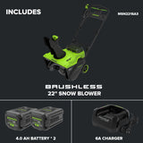 80V 22" Maximus Brushless Single-Stage Auger-Propelled Snow Blower: (2) 4.0 Ah Batteries, (1) 6A Single-Port Fast Charger