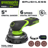 24V PowerAll Pro 5" Orbital Sander, Tool Only, with Dust Bag, Edge Guard, and (3) Pieces of 80 Grit Sanding Paper