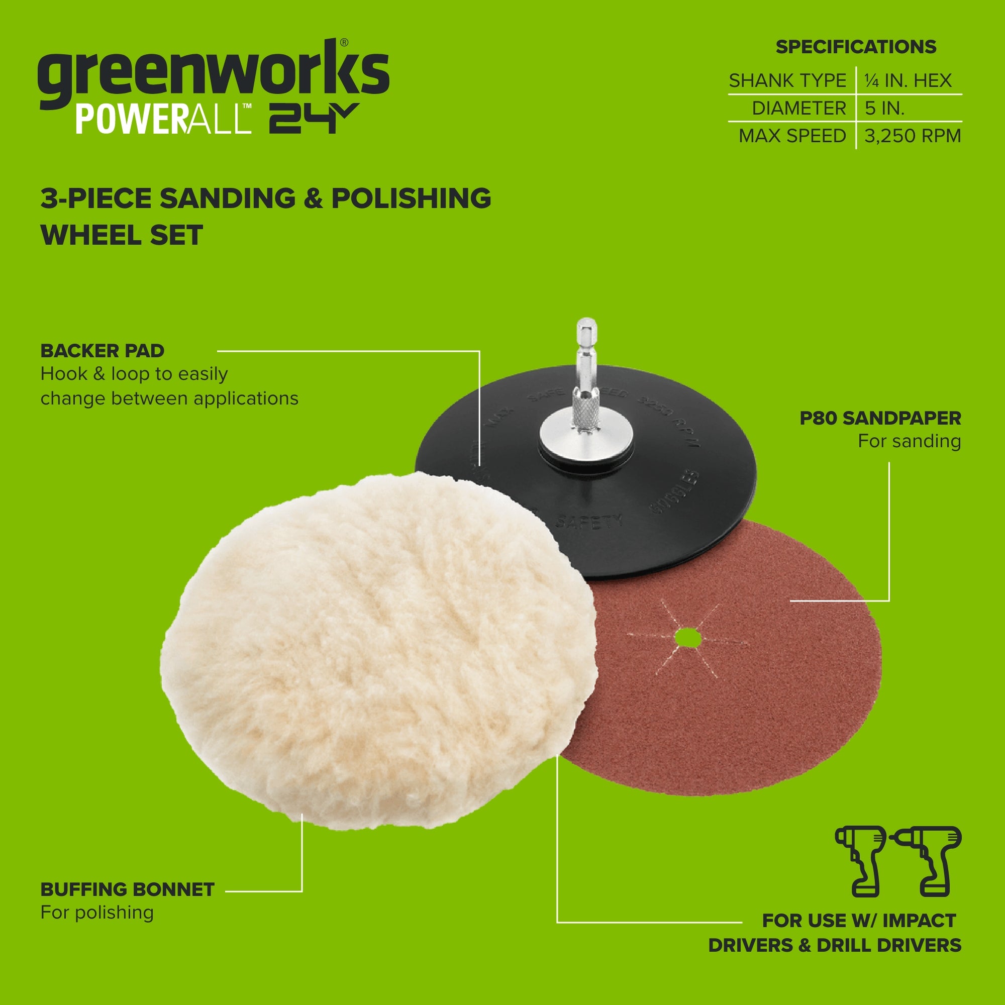 3-Piece 5" Sanding and Polishing Wheel Set with Buffing Bonnet, P80 Sandpaper, Backer Pad, Used with Impact or Drill Drivers