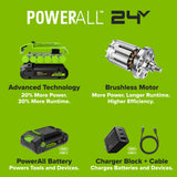24V PowerAll Compact Router, Tool Only, with Edge Guide, Flush Trim Bit, Socket and Collet Wrenches, Bit Holder and Vacuum Dust Adaptor