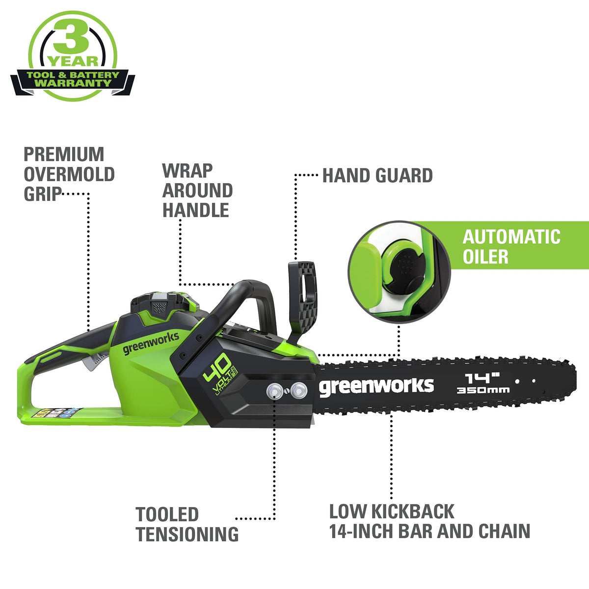 40V 14" 1.5kW Cordless BatteryBrushless Chainsaw (Tool Only)
