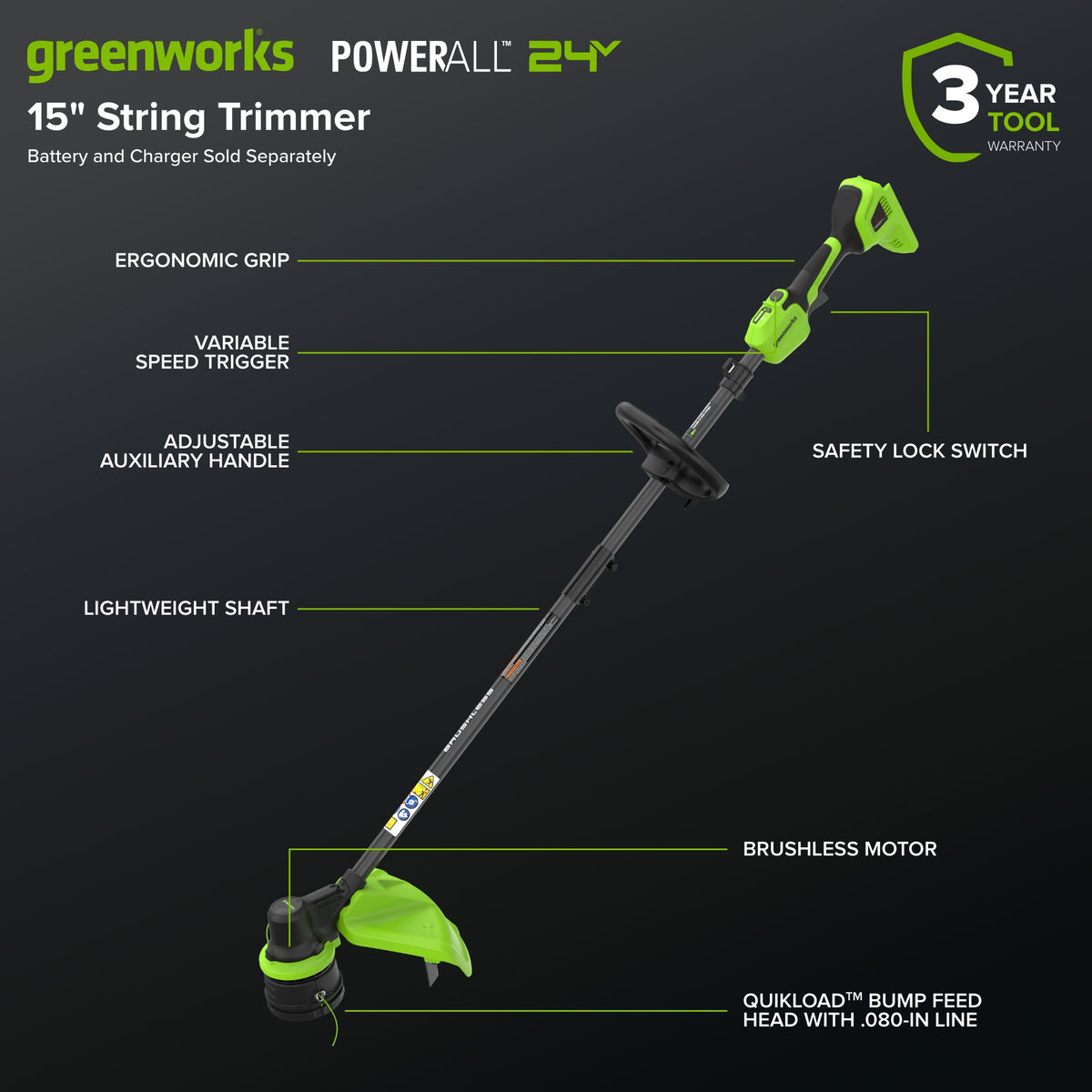 24V 15" Cordless Battery Brushless String Trimmer (Tool Only)